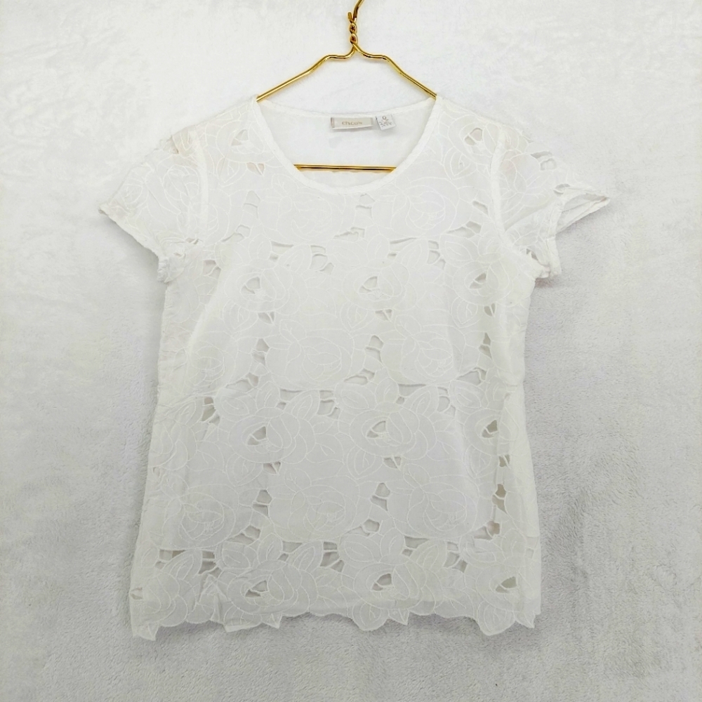 Chico's White Floral Round Neck Short Cap Sleeve Casual T-shirt P2038
